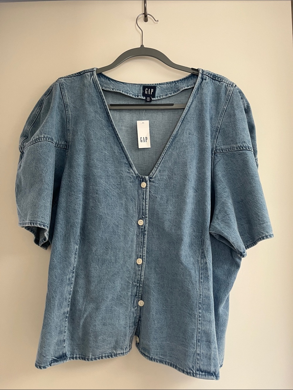 GAP Washed Blue Denim Button-Front V-Neck Top